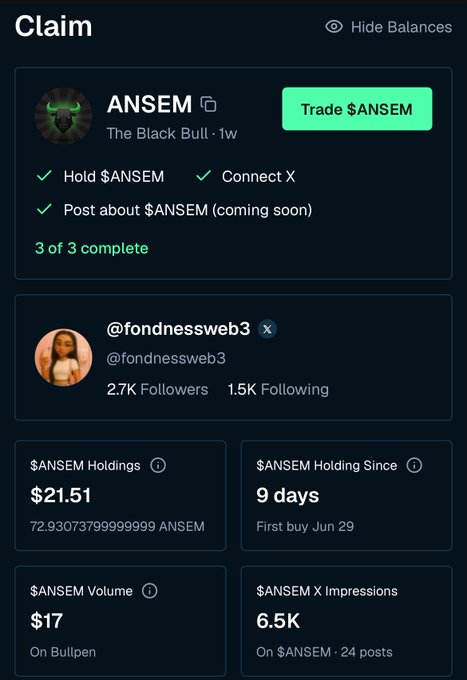 A mobile app screen showing a completed claim page for the $ANSEM token (The Black Bull), displaying holdings of $21.51 and a 'Trade $ANSEM' button.