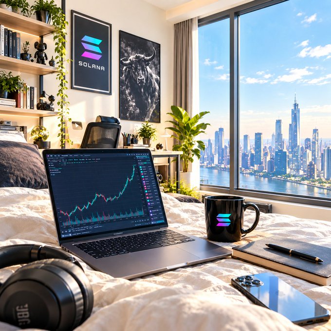 A laptop on a bed displays a cryptocurrency trading chart, surrounded by Solana-branded items including a mug and a framed logo, with a city skyline visible through a large window.