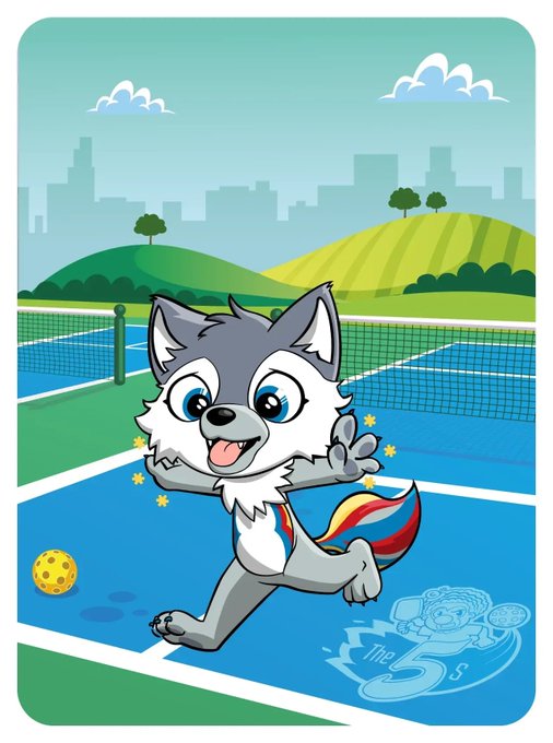 A colorful cartoon illustration features a gray and white husky dog joyfully playing pickleball on a blue court, with a city skyline in the background and a 'The 5's' logo.