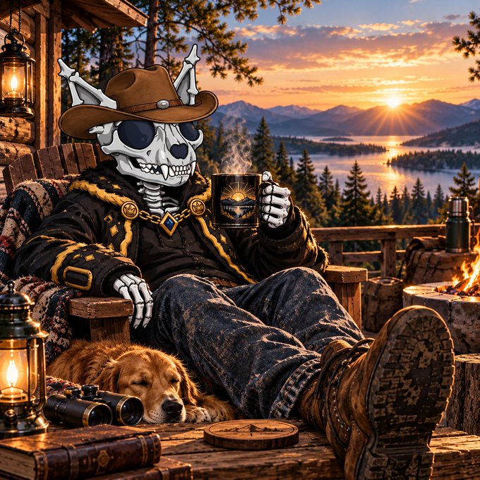A detailed digital illustration depicts a cowboy skeleton wearing a hat and sunglasses, relaxing on a wooden chair while holding a mug, accompanied by a golden retriever, with a sunset lake and mountain view in the background.