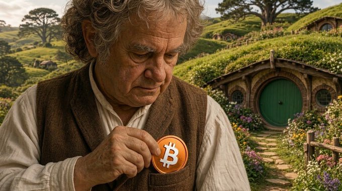 A hobbit-like figure inspects a Bitcoin coin in front of a green round door built into a grassy hillside, evoking the Shire from "The Lord of the Rings." The image ties to the post's message—referencing the film's acclaimed 17 Academy Awards—urging viewers to HOLD their Bitcoin and resist selling to institutions.