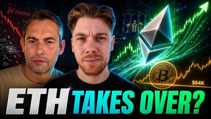 The image shows two men in front of a crypto-themed background featuring a large Ethereum logo, Bitcoin charts, and NASDAQ graphics, with the bold text "ETH TAKES OVER?" displayed at the bottom. It matches the post's theme by visually promoting Ethereum's potential takeover of Bitcoin's market dominance, while highlighting the $64K BTC price and ETF references.