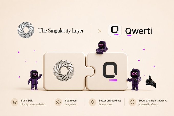 A promotional graphic announcing a partnership between 'The Singularity Layer' and 'Qwerti' with cartoon characters, featuring puzzle pieces and listing benefits like 'Buy $SGL', 'Seamless integration', and 'Better onboarding'.