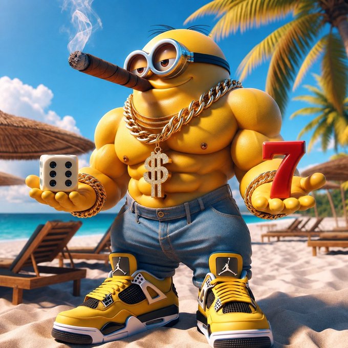 A muscular Minion character wearing gold chains, a dollar sign pendant, jeans, and yellow Jordans, holding a cigar, dice, and the number 7 on a tropical beach.