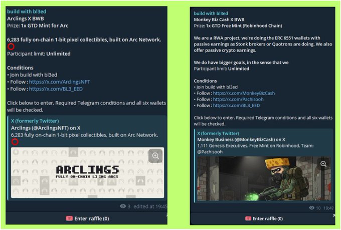 Two side-by-side cryptocurrency giveaway raffle announcements on a green background for "build with bl3ed," offering prizes of "1x GTD Mint for Arc" and "1x GTD Free Mint (Robinhood Chain)," with X (Twitter) posts from Arclings (@ArclingsNFT) and Monkey Biz Cash (@MonkeyBizCash).