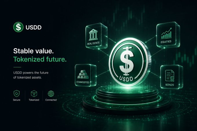 USDD - "Stable value. Tokenized future." - A promotional graphic featuring a glowing green USDD coin at the center, connected to icons of tokenized asset categories including Real Estate, Equities, Commodities, and Bonds, with "Secure, Tokenized, Connected" tags below. The image visually reinforces the caption's message by depicting how USDD serves as the foundational dollar-pegged stablecoin powering a connected ecosystem of tokenized real-world assets on blockchain infrastructure.