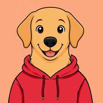 A cartoon illustration of a smiling golden retriever wearing a red hoodie against a peach background.