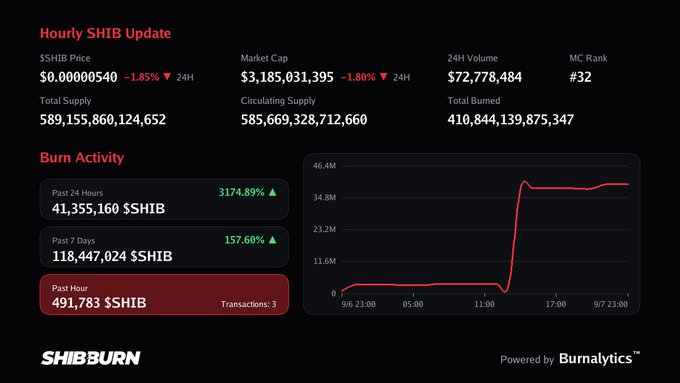Dashboard from SHIBburn showing an hourly SHIB update with metrics including a price of $0.00000540, market cap of $3.18B, and burn activity statistics displaying a 3174.89% increase in the past 24 hours.