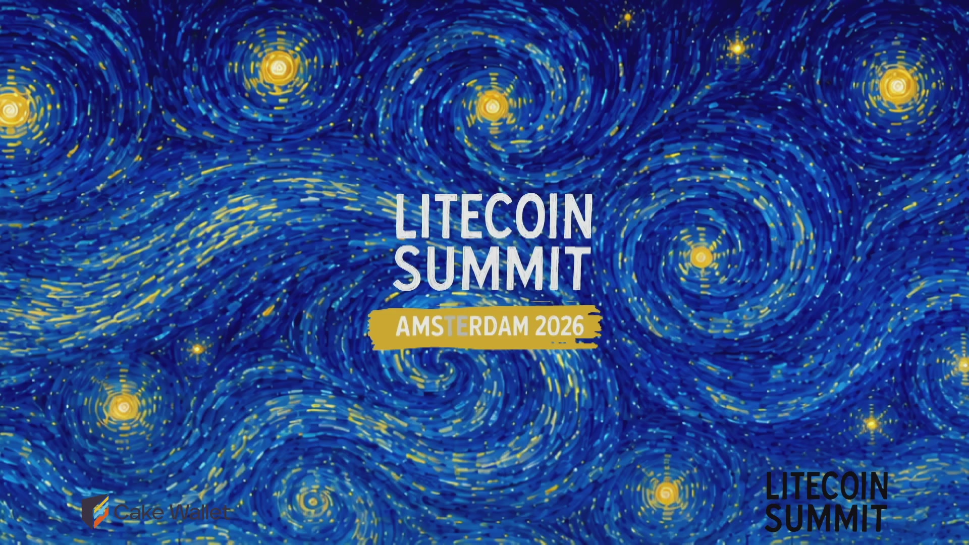 The image features a poster for an event called "Litecoin Summit". It has a blue background with yellow stars, which gives off a starry night sky theme. The text on the poster reads "LITECOIN SUMMIT ͡°DAY ͡°2", indicating that this is a special edition of the summit held on the second day of the year.