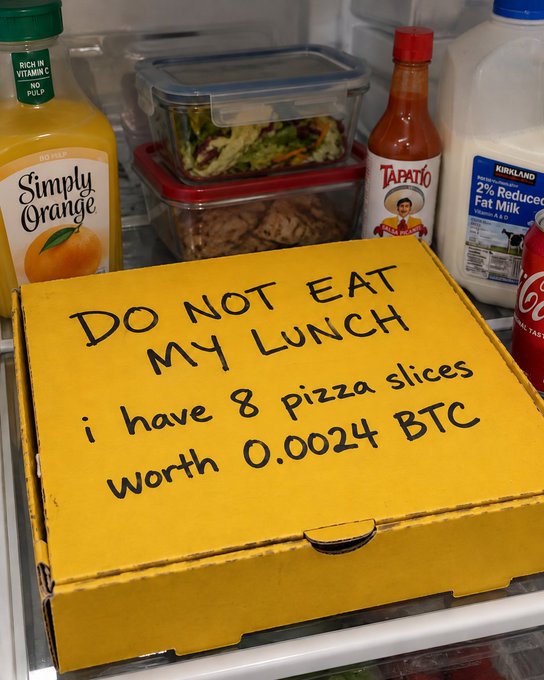 A yellow pizza box in an office fridge reads "DO NOT EAT MY LUNCH i have 8 pizza slices worth 0.0024 BTC," humorously priced in Bitcoin alongside Tapatío hot sauce, Simply Orange juice, and Kirkland 2% milk. The (ᓀ ᓀ) kaomoji emphasizes the jealous glare guarding these satoshi-valued slices.