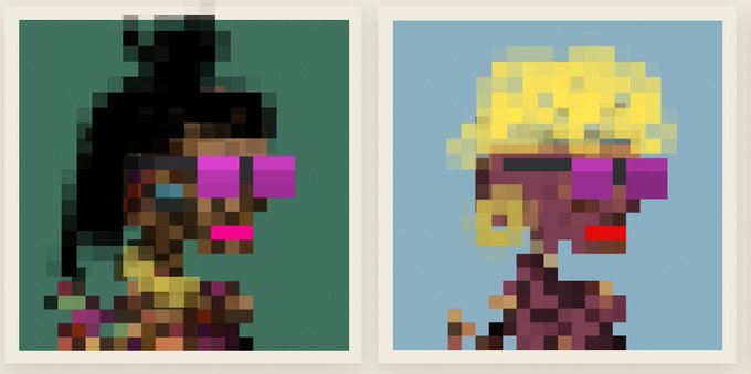 Two side-by-side low-resolution pixelated portraits of women wearing sunglasses, one with dark hair and one with blonde hair.