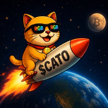 A cartoon illustration of an orange cat wearing rainbow 'RGB' sunglasses riding a rocket labeled '$CATO' through space, with a Bitcoin moon visible in the background.