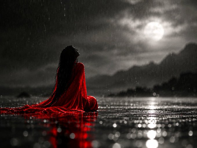 An artistic image shows the silhouette of a woman in a flowing red dress sitting on a reflective wet surface under a full moon, with rain falling around her.