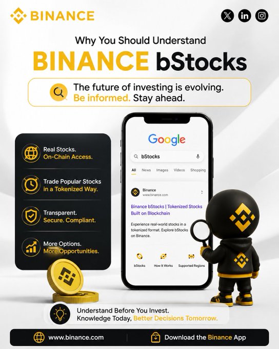 A Binance promotional advertisement titled 'Why You Should Understand BINANCE bStocks', highlighting features like 'Real Stocks. On-Chain Access' and 'Trade Popular Stocks in a Tokenized Way', with a mascot examining a phone showing a Google search for 'bStocks'.