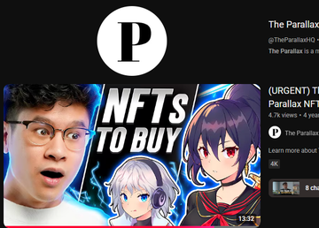 A YouTube thumbnail from "The Parallax" channel (@TheParallaxHQ) titled "URGENT NFTs to Buy" featuring a man with glasses and anime characters, showing 4.7K views.