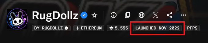 A header banner for 'RugDollz' NFT project on Ethereum, showing 5,555 supply, with a red box highlighting 'LAUNCHED NOV 2022' and the ticker 'PFPS'.