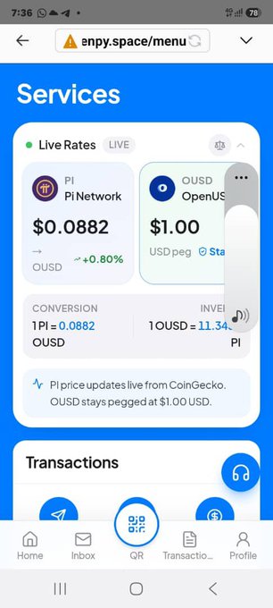 The screenshot displays the "enpy.space/menu" services page showing live cryptocurrency rates, including Pi Network at $0.0882 (up 0.80%) and OUSD (OpenUS) pegged at $1.00, with conversion details indicating 1 PI = 0.0882 OUSD and 1 OUSD = 11.340 PI. This relates to the post by showing the current on-chain/testnet pricing of Pi, which is far below the Global Consensus Value (GCV) of $314,159 that supporters are awaiting.