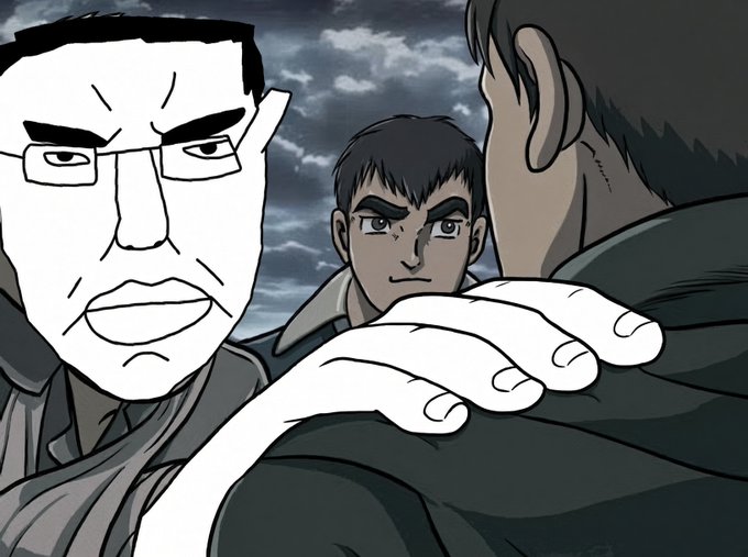 An animated scene shows a stern, glasses-wearing man placing a hand on another character's shoulder while a younger man looks on intensely against a cloudy sky. The tense, confrontational composition mirrors the post's dialogue about holding a stock ("Stonk") for the long term, framing the younger man as a hesitant trader being urged to commit.