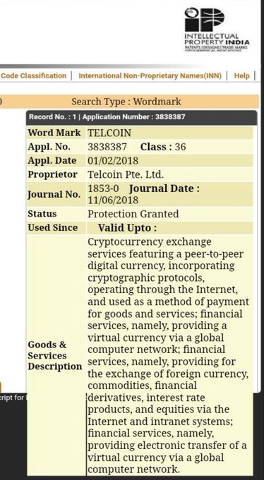 A screenshot from the Intellectual Property India website showing a trademark registration for 'TELCOIN' (Application Number 3838387) by Telcoin Pte. Ltd., covering cryptocurrency exchange and financial services.