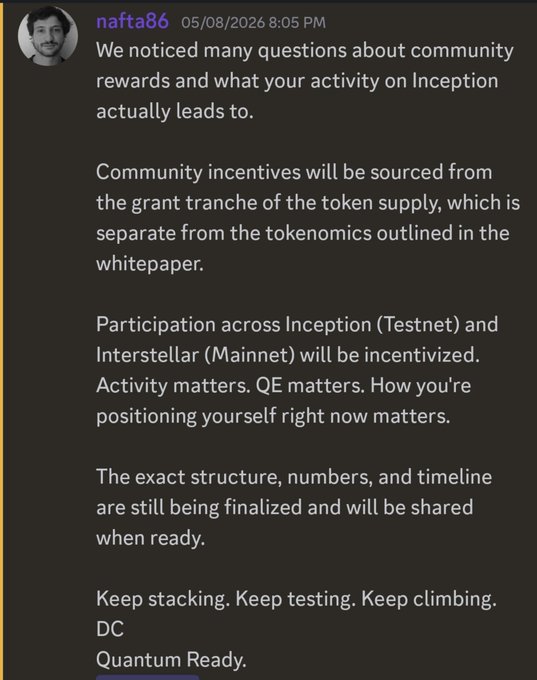 A Discord message from user 'nafta86' dated 05/08/2026 explaining community rewards for Inception, mentioning testnet and mainnet incentives and signed 'DC, Quantum Ready.'