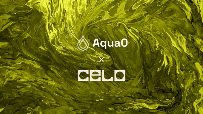 AquaO x CELO partnership announcement with a yellow-green marbled background.