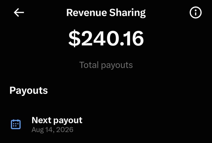 A Revenue Sharing screen displaying total payouts of $240.16 with the next payout scheduled for August 14, 2026.