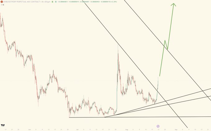 A financial chart of the SHIB/USDT Perpetual Contract on BingX showing a price around 0.00004815, with black descending trendlines and a green arrow indicating a potential upward breakout from a descending triangle pattern.
