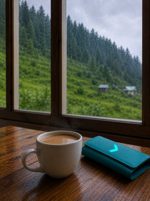 A steaming cup of coffee and a teal wallet sit on a wooden table by a rain-streaked window overlooking lush green mountains, capturing a quiet moment of pause that contrasts with the constant momentum of the crypto world.