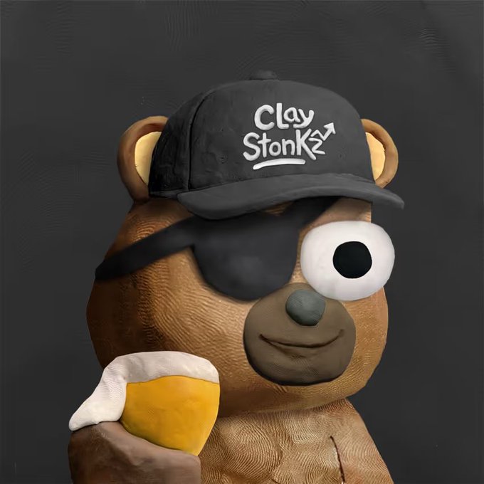 A 3D-rendered brown bear character wearing an eyepatch and a black "Clay Stonkz" cap, holding a yellow mug of beer, styled like a meme mascot.