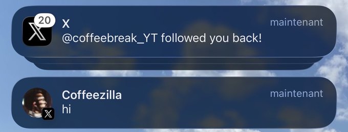 X (Twitter) notifications showing that @coffeebreak_YT followed back and a message from 'Coffeezilla' saying 'hi', set against a sky background.