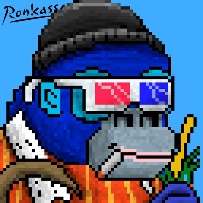 A pixel art illustration of a blue gorilla wearing 3D glasses with red and blue lenses, a red and yellow outfit, and gray headphones, with the text "Ronkasso" visible in the upper left corner.