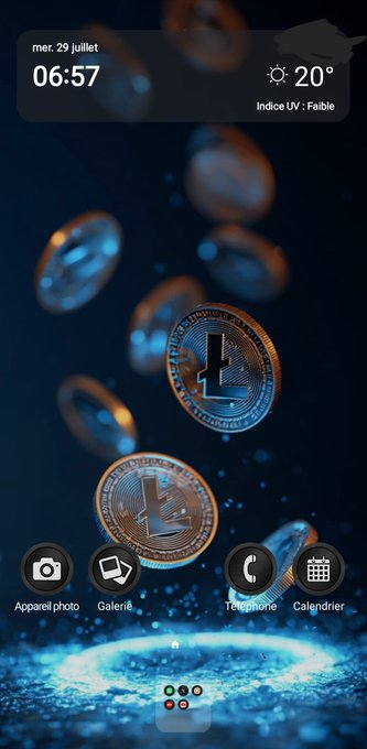 A phone home screen with a Litecoin (LTC) themed wallpaper, showing the date 'mer. 29 juillet', time '06:57', temperature '20°', and app icons for camera, gallery, phone, and calendar.