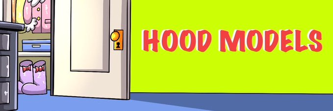 A cartoon-style graphic with the text 'HOOD MODELS' in red on a lime green background, with a partially open door revealing a character on the left.