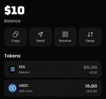 A wallet display showing a $10 balance with 10.00 USDC, illustrating the free $10 USDC reward users can claim through the Duel Duck app after finding all 10 hidden ducks.