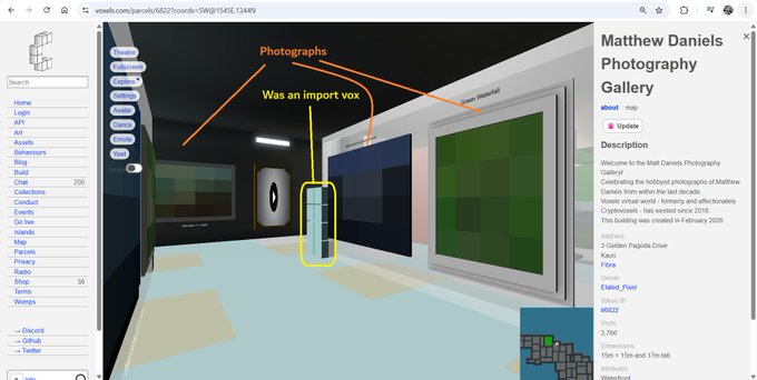 A Voxels virtual world screenshot showing Matthew Daniels' Photography Gallery with annotations pointing out 'Photographs' and questioning 'Was an import vox'.