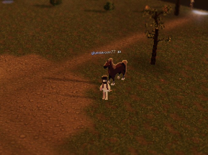A screenshot from a voxel-style game showing a pixelated character standing next to a brown horse on a grassy landscape, with the username 'gluemaxxer77 33' floating above.