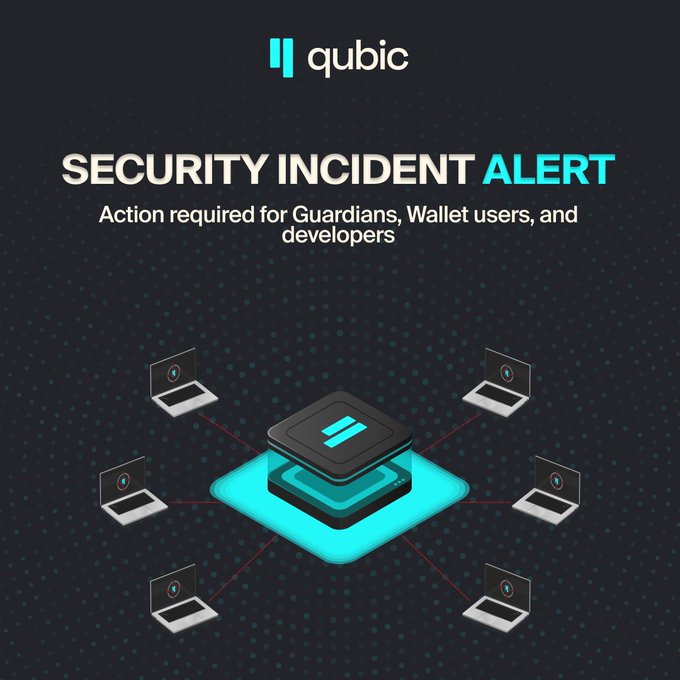The image is a security incident alert from Qubic, featuring the text "SECURITY INCIDENT ALERT" with a subtitle indicating action is required for Guardians, wallet users, and developers. Below the text, an illustration shows a central server or network hub connected to multiple laptops, symbolizing the breach and its impact across the Qubic network, which aligns with the accompanying post warning of a compromised GitHub account and urging immediate seed rotation for Network Guardians.