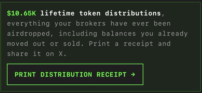 The image shows a dark-themed graphic highlighting "$10.65K lifetime token distributions," noting that this total includes airdropped balances even if moved out or sold, with a green "PRINT DISTRIBUTION RECEIPT →" call-to-action button. It relates to the post by showcasing the cumulative rewards earned from the Stonk Broker project, providing a visual receipt that proves the substantial airdrops the user has received.