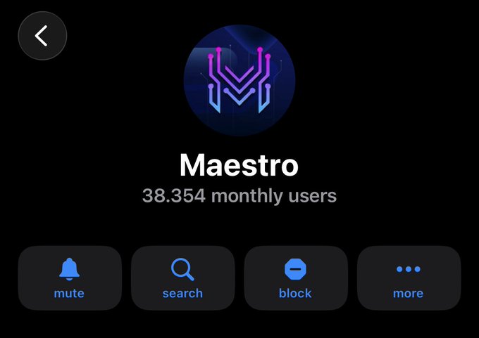 The image displays a Telegram bot profile for "Maestro" with 38,354 monthly users, showing options to mute, search, block, or access more features, alongside a neon purple and blue logo. This relates to the post by highlighting Maestro Bots as a reliable trading tool that has continuously supported Arc even during network disruptions like the Arc to Base bridge.