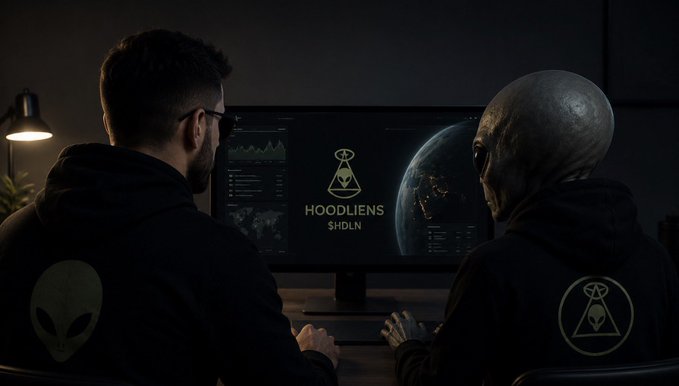 An alien and a human sitting at a computer monitor displaying the 'HOODLENS $HDLN' logo with an alien head symbol, both wearing matching hoodies with the same alien logo.