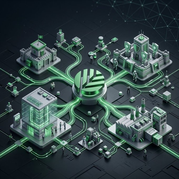 An isometric 3D rendering of a futuristic, green-lit technological city with interconnected buildings, data streams, and small figures.