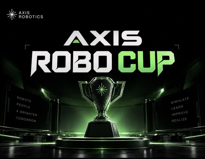 Promotional graphic for the 'AXIS ROBO CUP' by AXIS ROBOTICS, featuring a futuristic trophy on a lit platform with the slogans 'ROBOTS PEOPLE A BRIGHTER TOMORROW' and 'SIMULATE LEARN IMPROVE REALIZE' on either side.