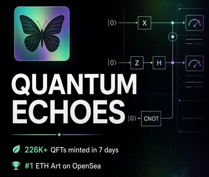 A graphic for "QUANTUM ECHOES" featuring a holographic butterfly logo, a quantum circuit diagram with X, Z, H, and CNOT gates, and statistics showing "226K+ QFTs minted in 7 days" and "#1 ETH Art on OpenSea."