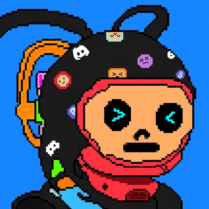 A pixel art illustration of a character wearing a black helmet decorated with colorful skull and alien stickers, featuring cyan glowing eyes against a blue background.