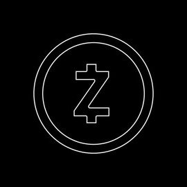 A minimalist black background with a white outline of a Zcash (ZEC) coin symbol.