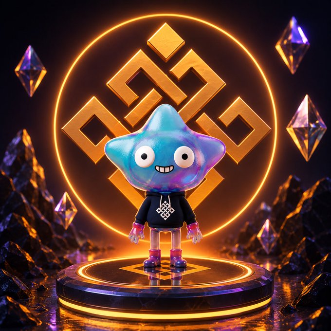 A cartoonish blue star-shaped character with a big smile stands on a glowing platform, wearing a black hoodie featuring a geometric symbol that matches the large golden emblem behind it, surrounded by floating crystalline shards and rocky terrain—visually representing the "ET-Friends-001 NFT" launch on July 22, 2026, with its limited 5,555 supply at 0.1 ETH on Ethereum.