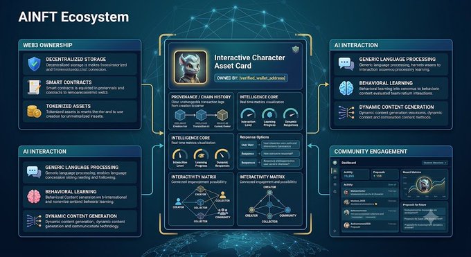 A detailed infographic titled 'AINFT Ecosystem' illustrating a digital framework for Interactive Character Asset Cards, covering Web3 Ownership, AI Interaction, Interactivity Matrix, and Community Engagement features.