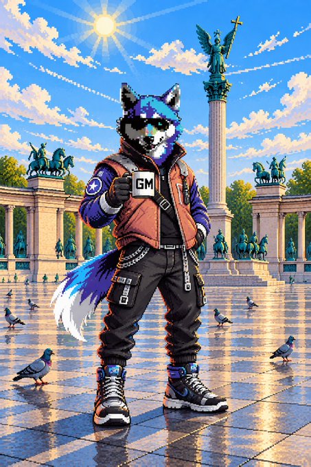An anthropomorphic furry character wearing sunglasses, an orange vest, and 'GM' gloves stands in a grand plaza with classical monuments and pigeons.
