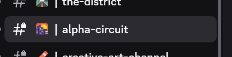 A cropped screenshot of a Discord-style channel list showing channel names including "the-district," "alpha-circuit," and a partially visible "creative-art-channel," each with a lock icon and emoji.