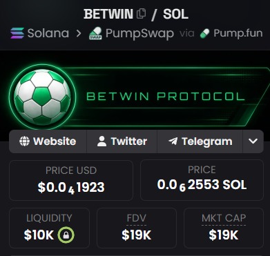 A cryptocurrency token page for BETWIN / SOL on the Solana blockchain, showing a price of $0.41923 USD / 0.62553 SOL, with liquidity of $10K, FDV of $19K, and market cap of $19K.